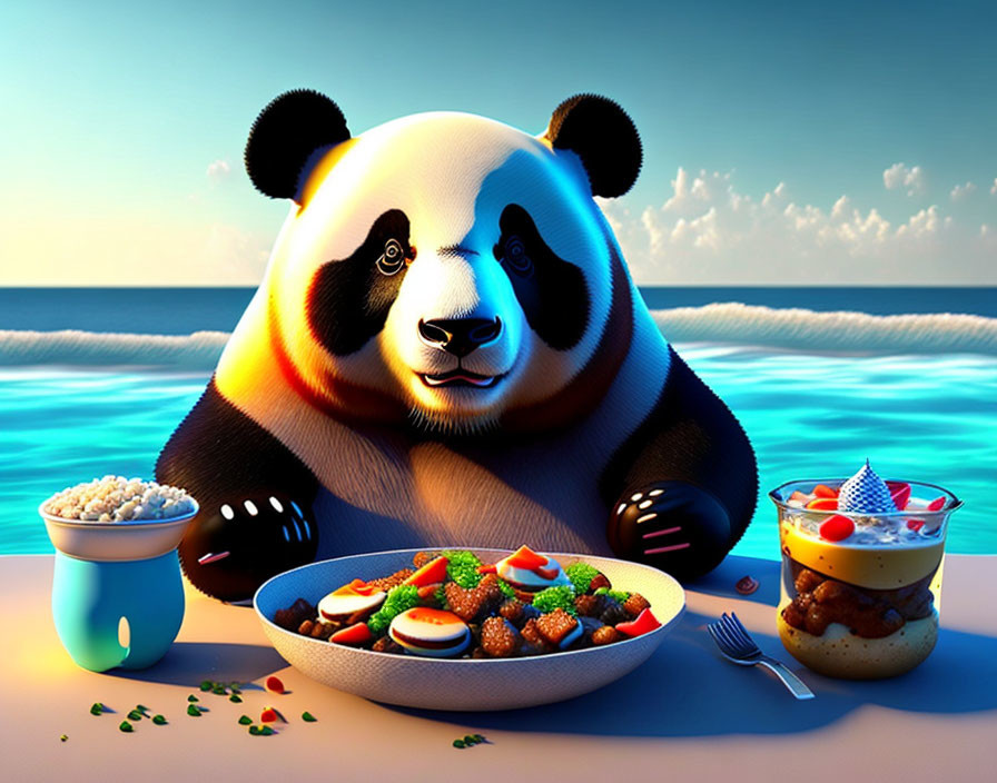 Illustrated panda enjoying meal at beachside table with vegetables, popcorn, and dessert