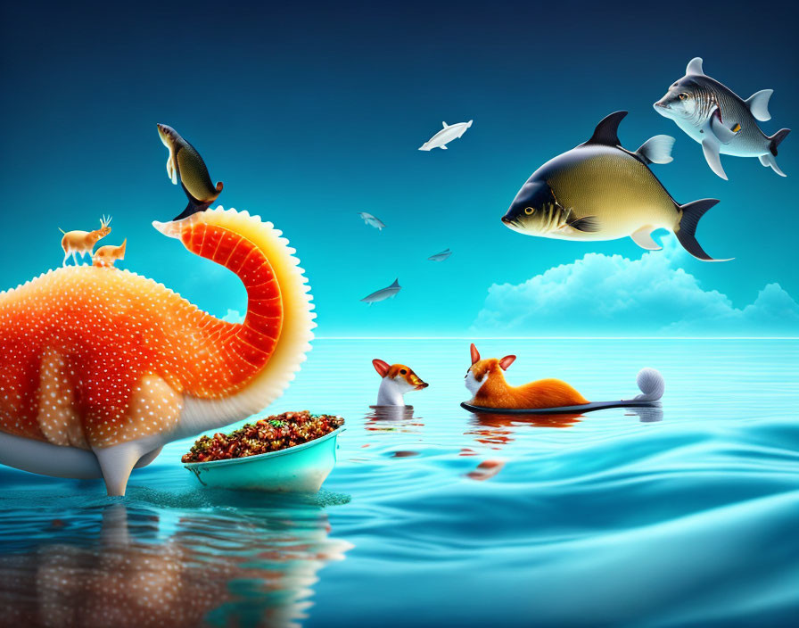 Surreal artwork: Starfish dining, foxes on iceberg, fish in the air