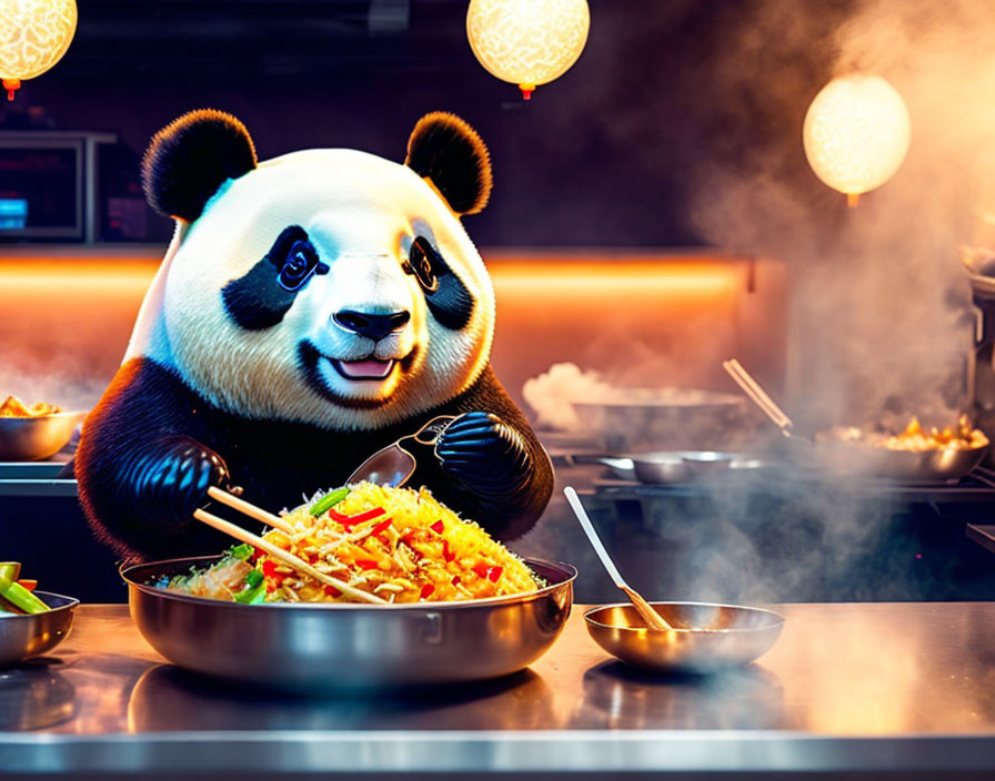 Cartoon Panda Chef Cooking Noodles in Lively Kitchen