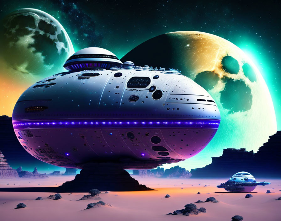 Futuristic spaceship on alien desert planet with colorful moons