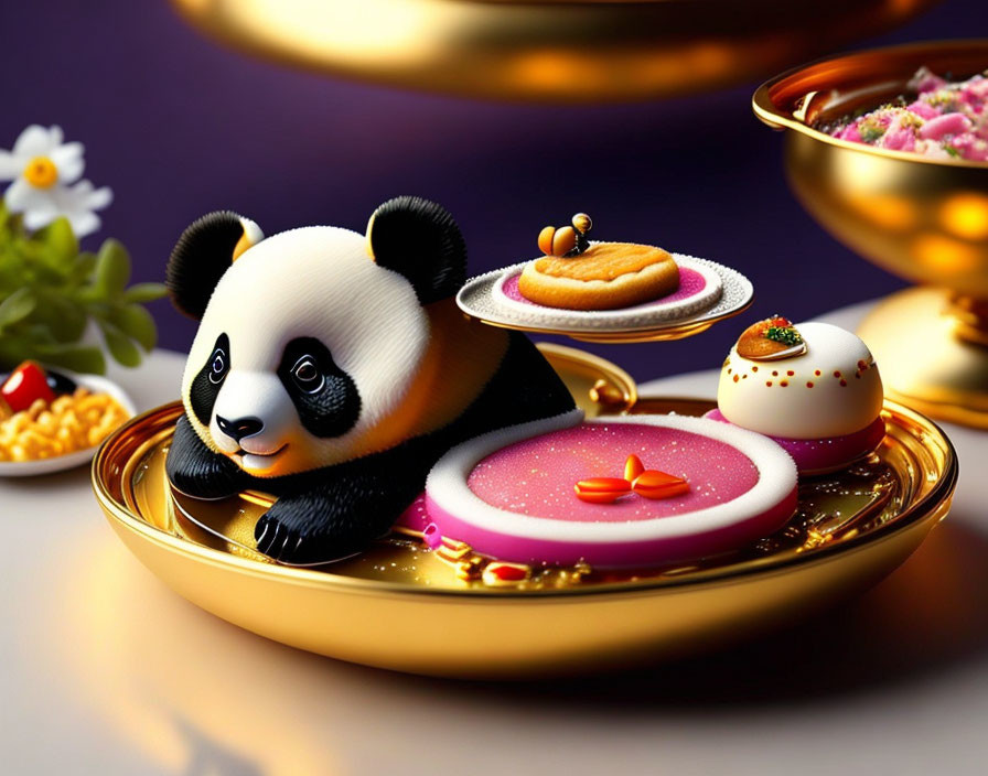 Illustration of cute panda with luxurious gold-trimmed dishes and vibrant desserts