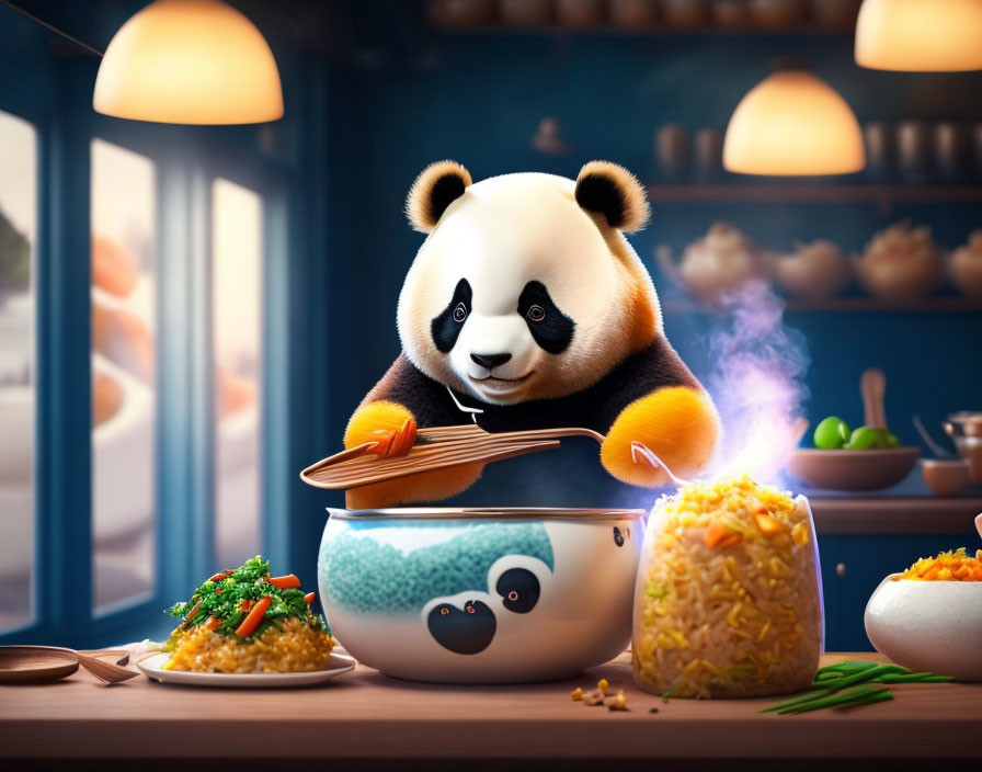 Animated Panda Chef Cooking in Kitchen with Pot and Steam