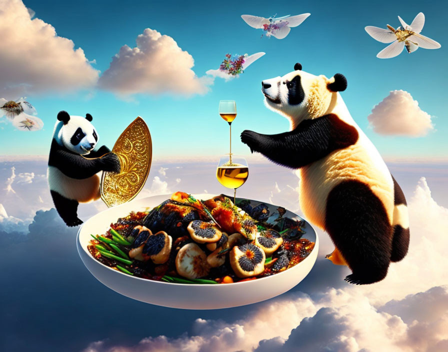 Two pandas with food and wine in mid-air under surreal blue sky with bees.
