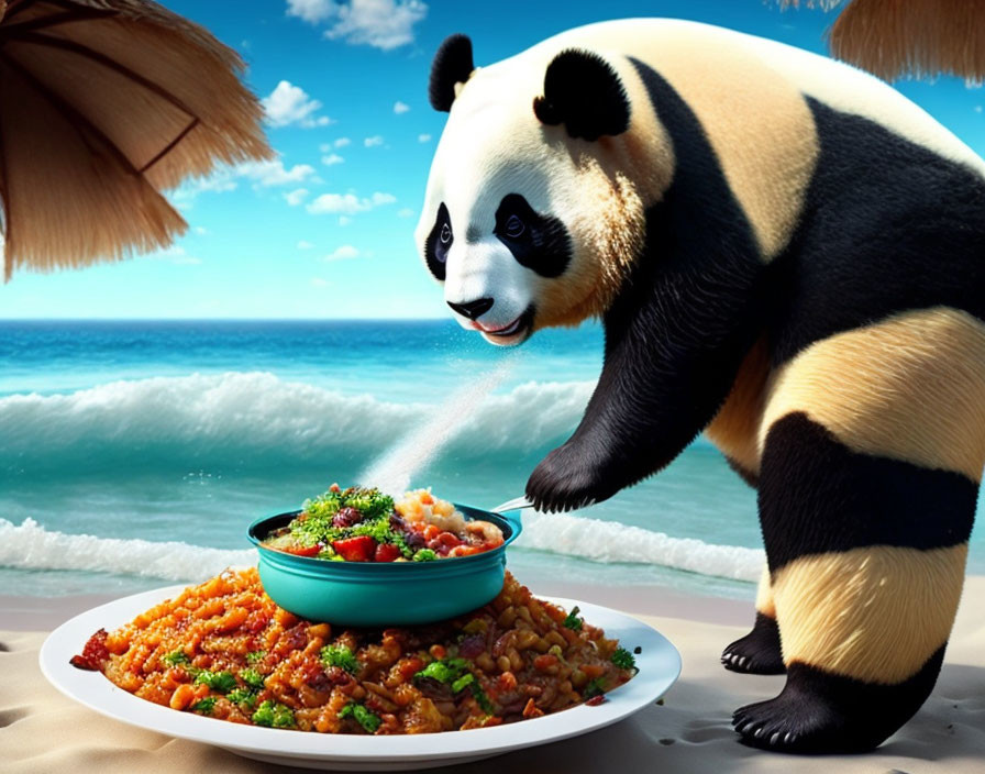 Cartoon Giant Panda Seasoning Food at Beach