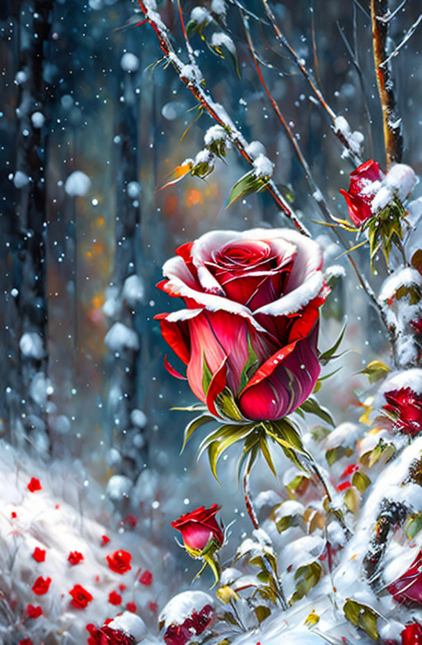 Red roses in the snow