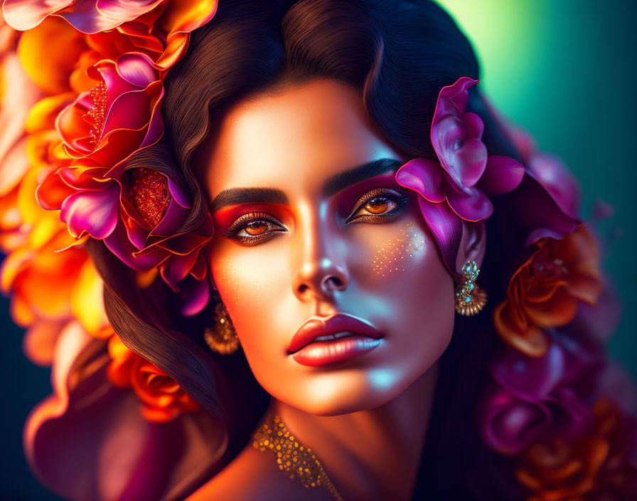 Colorful portrait of a woman with flowers in her hair and striking makeup