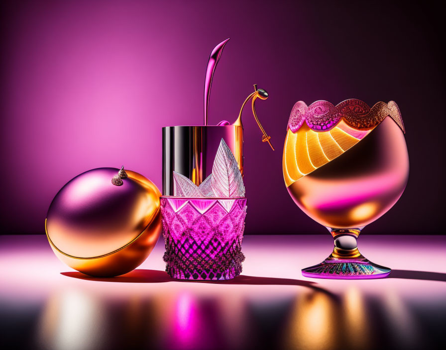 Intricate Designs of Elegant Perfume Bottles on Purple Background