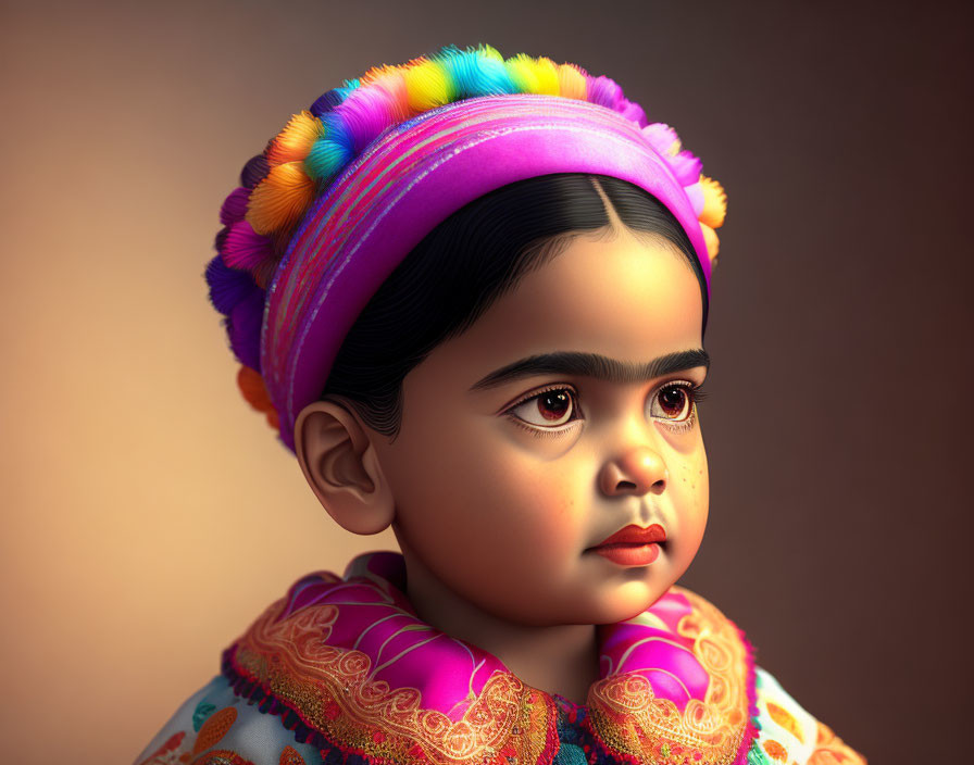Vibrant 3D rendering of young girl in traditional attire