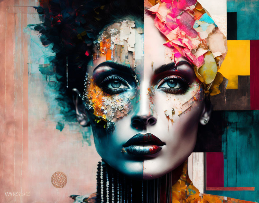 Vivid abstract female face with digital collage effect