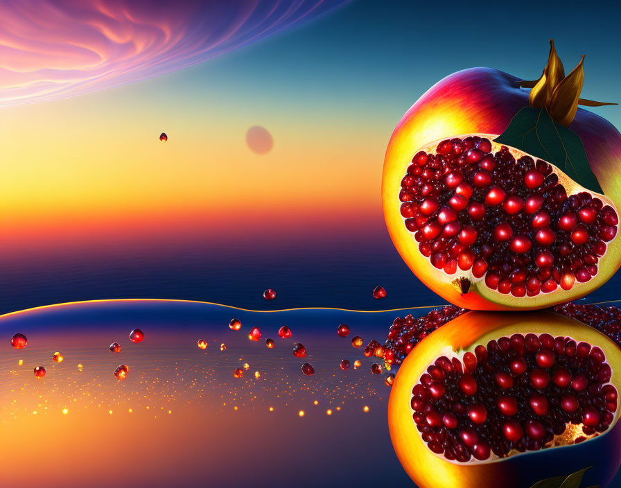 Colorful digital artwork: Sliced pomegranates in surreal landscape