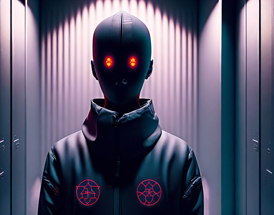 Mysterious figure in black mask and jacket with red symbols in dimly lit locker-lined room