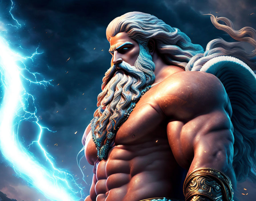 Muscular animated character with white beard against stormy sky