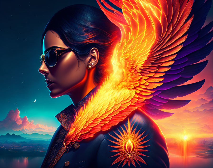 Portrait of woman with fiery phoenix wings against sunset lake