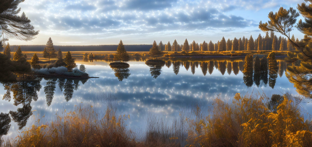 Scenic lake with mirrored pine trees at sunrise or sunset