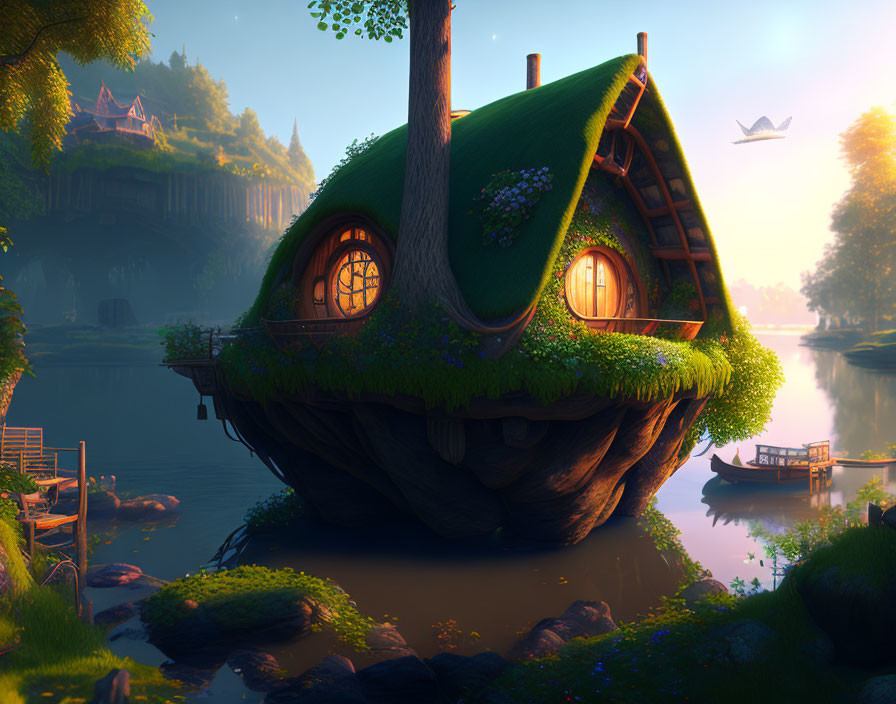 Boat-shaped house with grassy roof on tranquil riverbank at sunrise