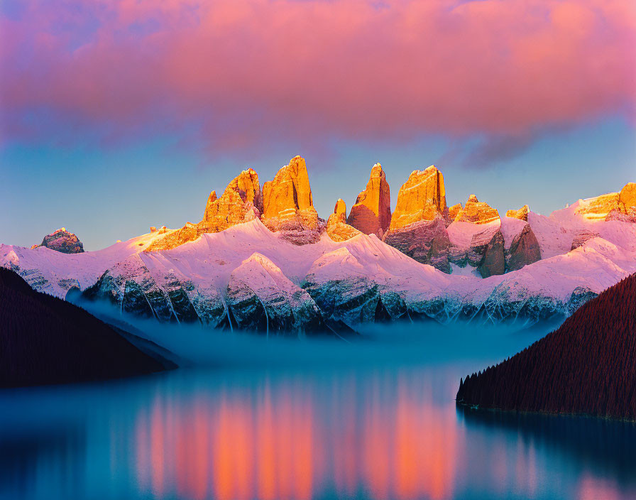 Snowy Mountain Peaks Reflecting Sunrise Colors in Tranquil Lake