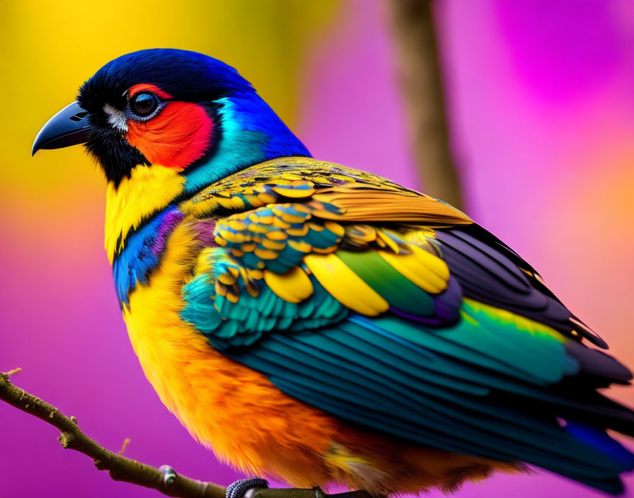 Colorful Bird Perched on Branch with Vibrant Background