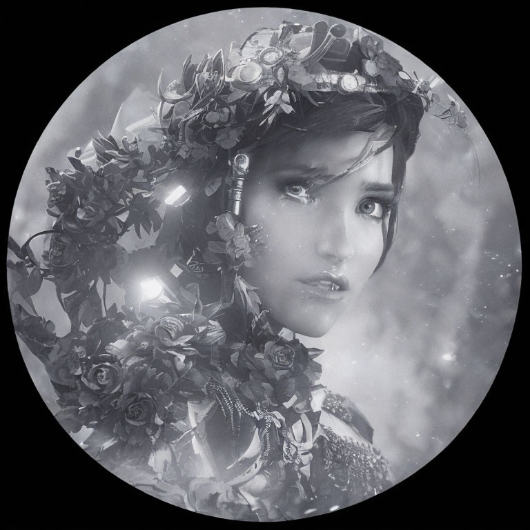Black and white portrait of woman with floral adornments against bokeh backdrop