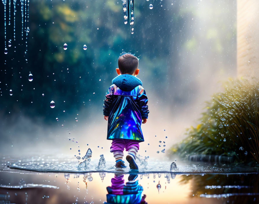 Child in colorful raincoat with plush toy under misty sunlit backdrop