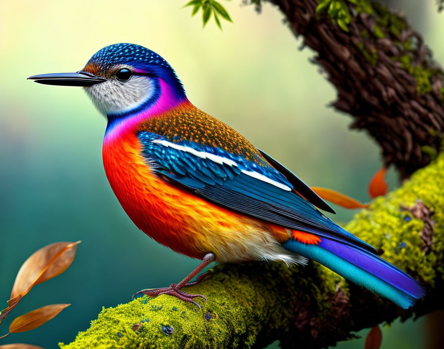 Colorful Bird Perched on Mossy Branch with Greenery Background
