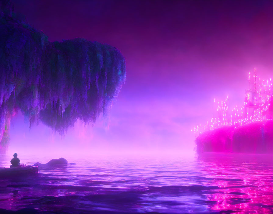 Person sitting by misty purple-lit water, observing crystal formations in cave.