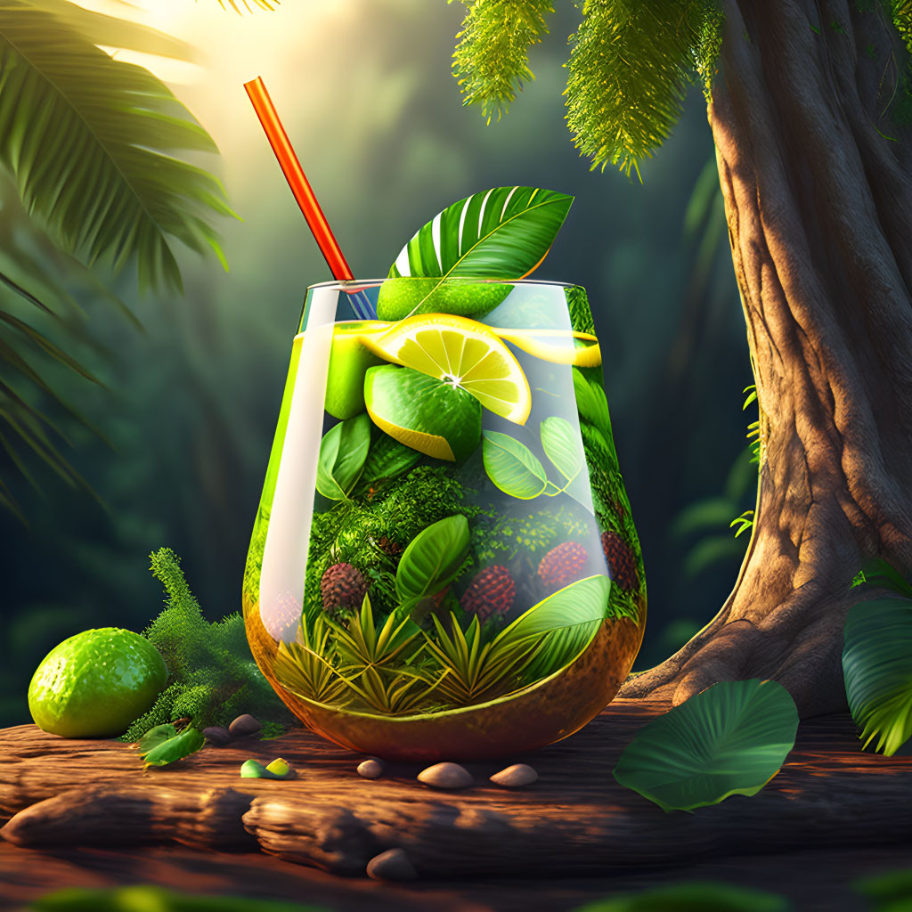 Tropical Mojito Cocktail with Lime and Mint in Forest Setting