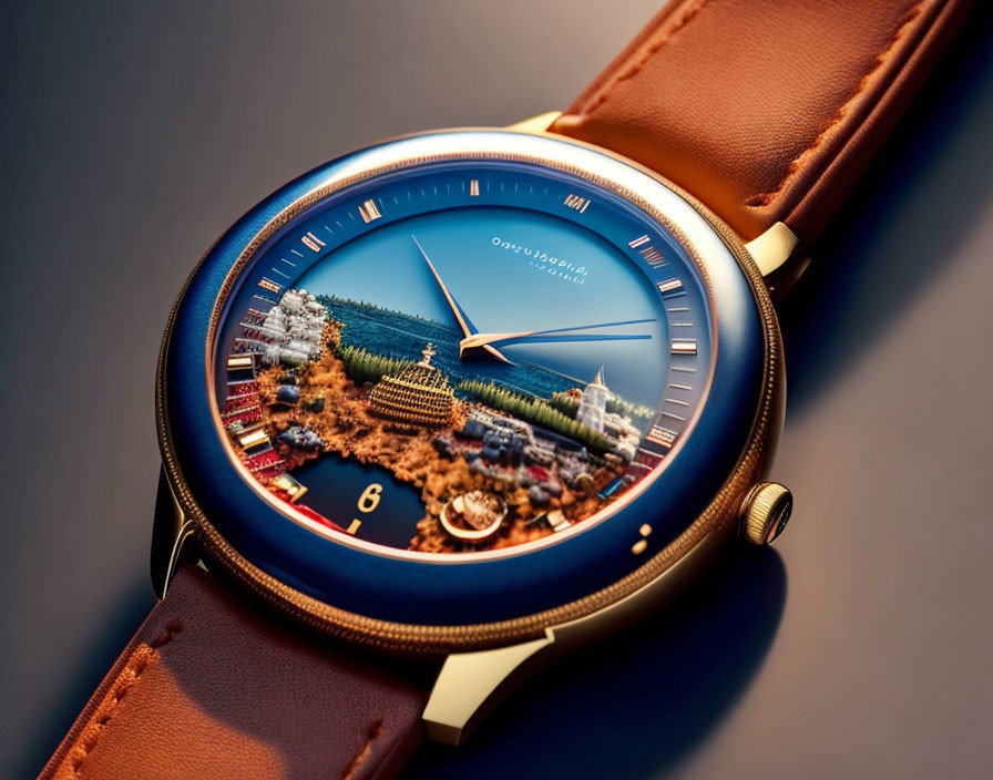 Blue Face Wristwatch with Miniature Scenic Landscape on Brown Leather Strap
