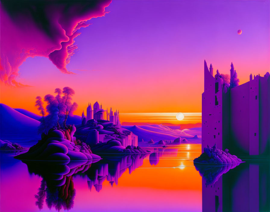 Vibrant Purple and Orange Surreal Landscape with Castles and Celestial Bodies