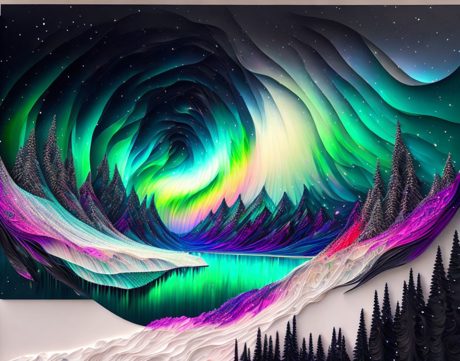 Vibrant surreal artwork: swirling skies, mirrored mountains, layered trees