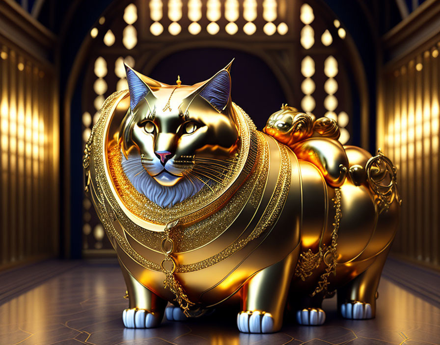 Luxurious Golden Cat Sculpture with Jewels in Opulent Blue Hall