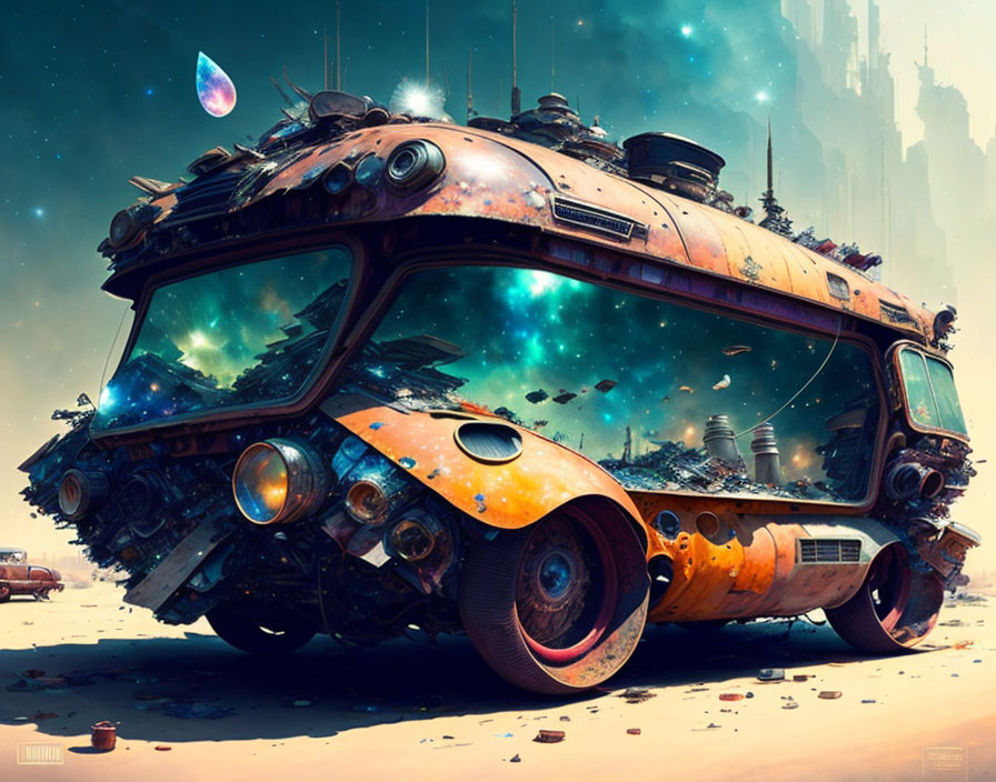 Rusted futuristic bus in desert with cosmos-filled interior