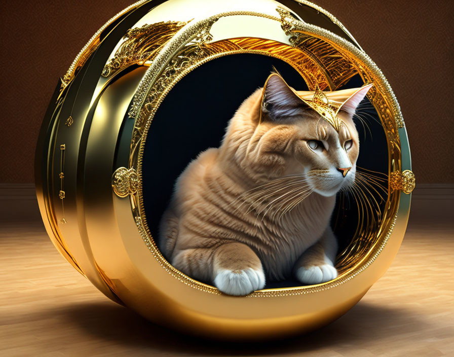 orange cat inside a gold spherical cat house