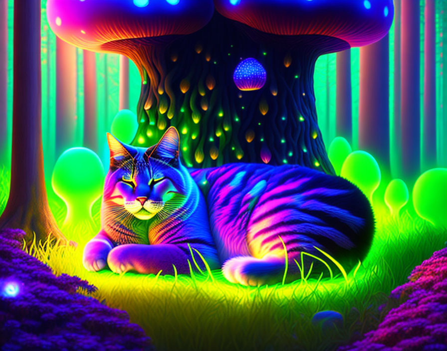 Colorful Neon Digital Art: Cat Under Psychedelic Mushroom