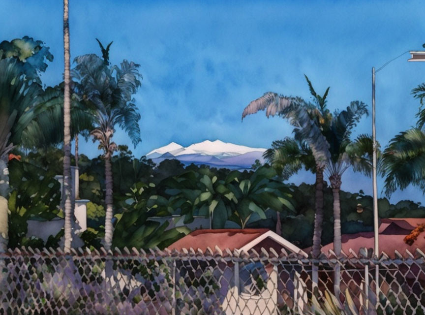 Scenic landscape with palm trees, greenery, rooftops, and snowy mountain at twilight