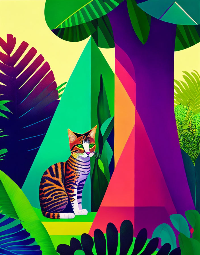 Colorful geometric digital art of a cat with tiger stripes under vibrant tropical foliage