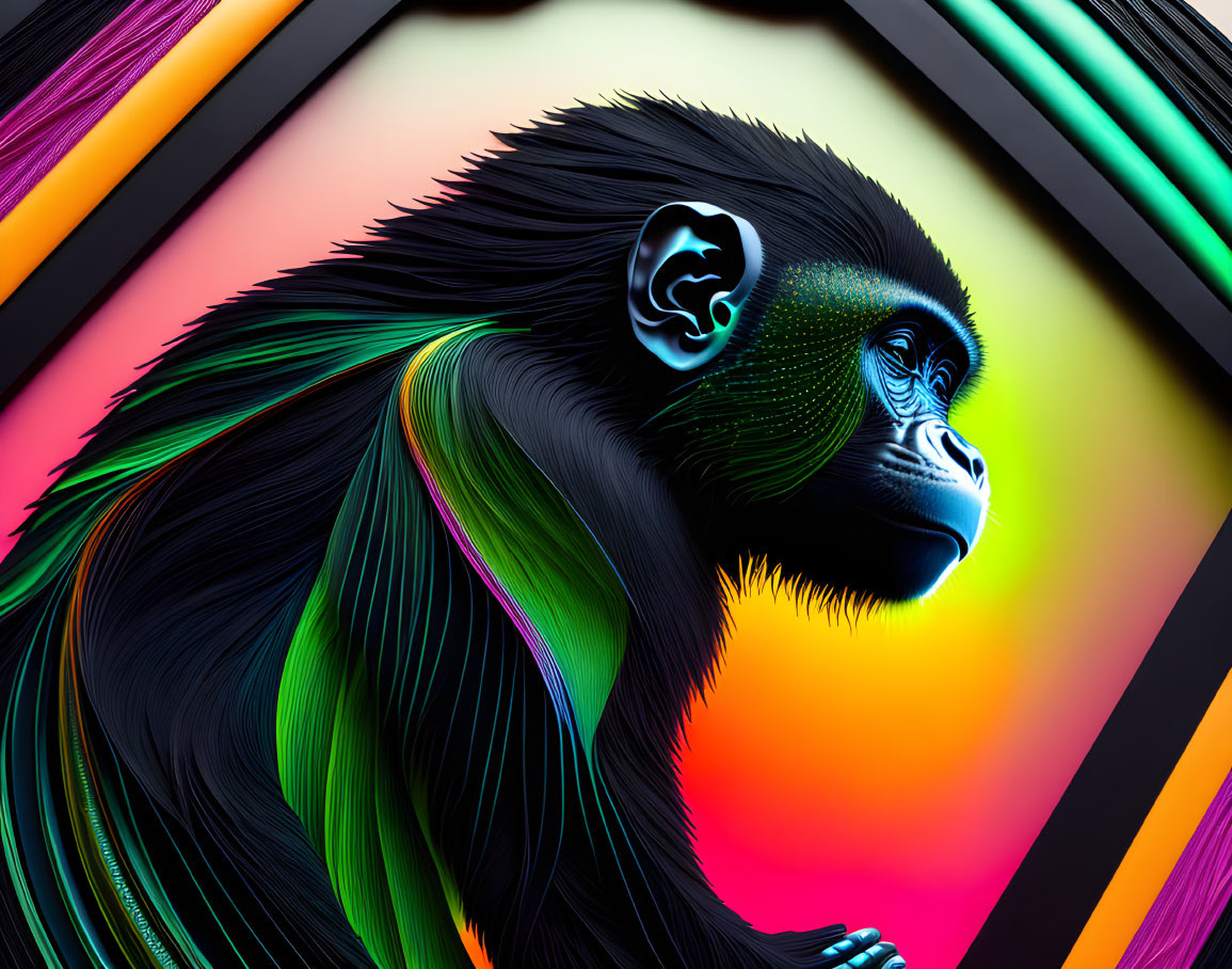 Colorful Digital Artwork: Monkey with Neon Streaks on Abstract Background