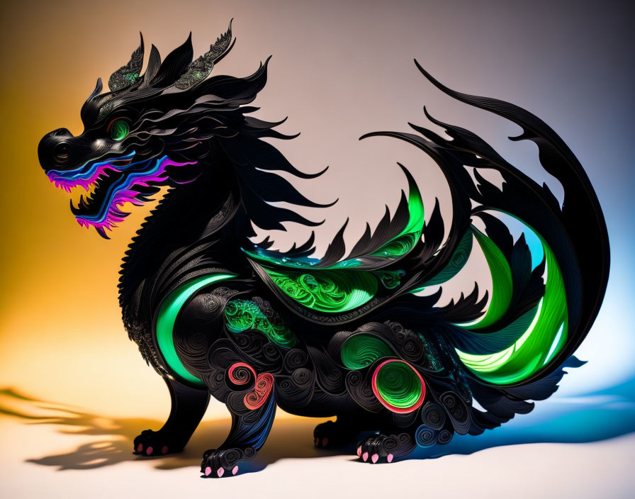 Colorful Stylized Black Dragon Illustration on Gradient Background