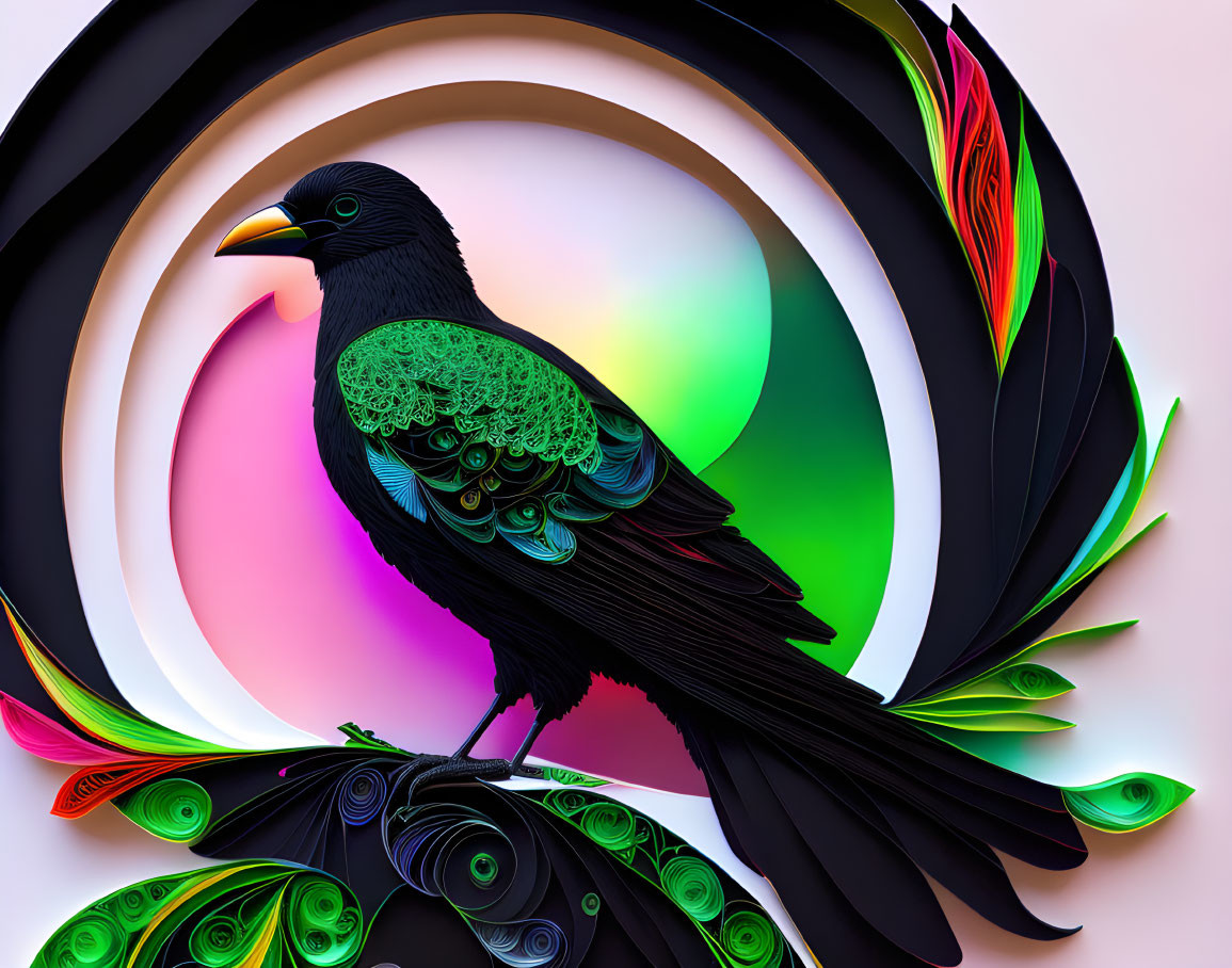 Detailed paper quilled raven against colorful abstract backdrop