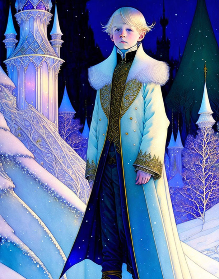 Blonde Child in Blue and Gold Coat by Snow-Covered Castle