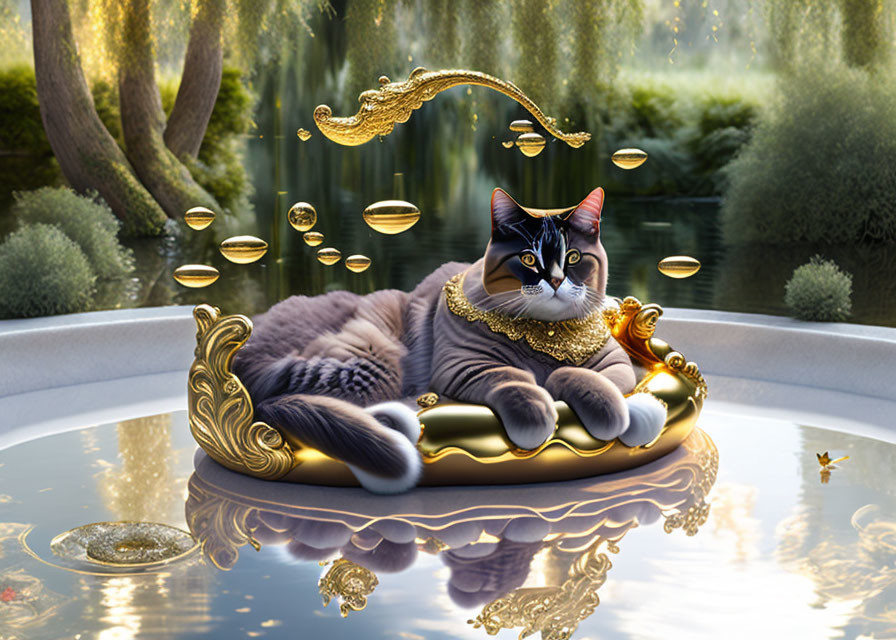 Regal Cat on Gold Cushion with Golden Orbs in Serene Water Setting