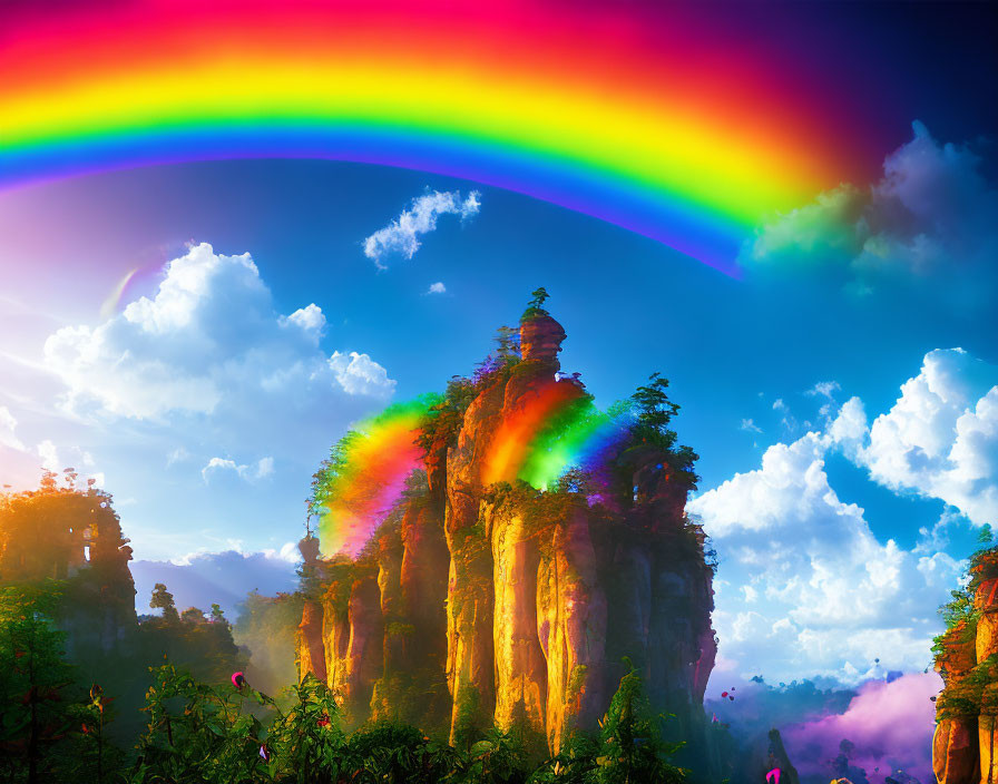 Colorful rainbow over majestic cliffs and lush landscape under blue sky