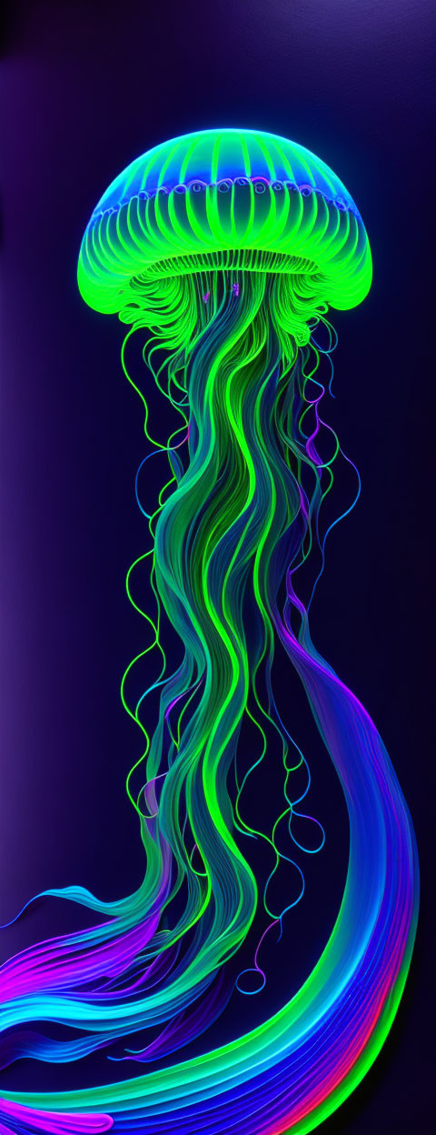 Neon green and blue jellyfish digital art on dark background