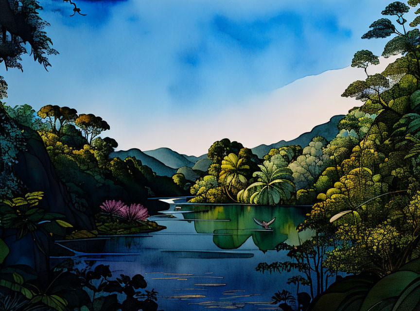 tropical river scene in watercolor