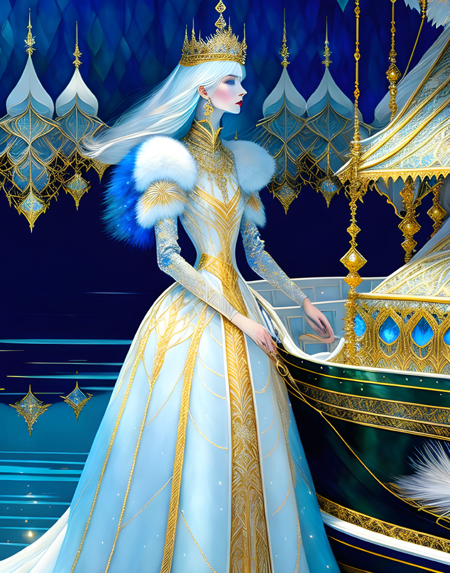 Regal figure in blue and gold gown with fur cloak against luxurious backdrop.