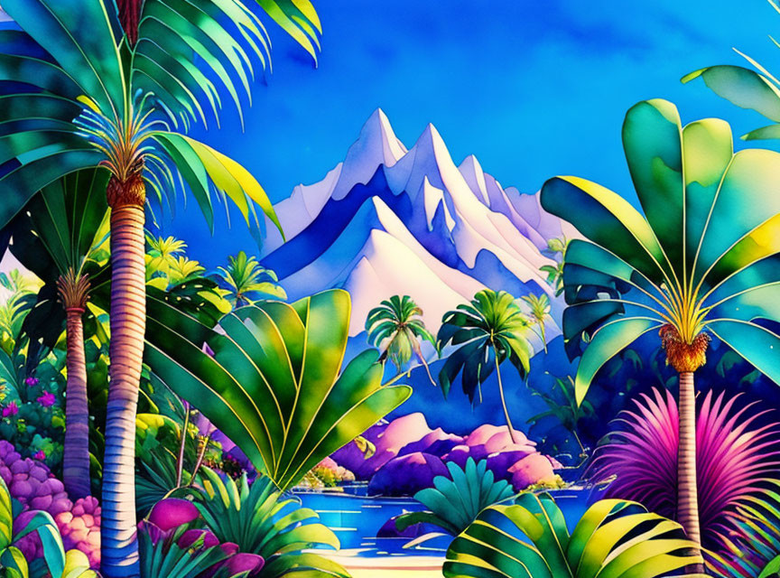 Tropical landscape with greenery, colorful flora, and snow-capped mountains.