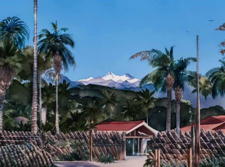 tropical scene with snow-capped mountain