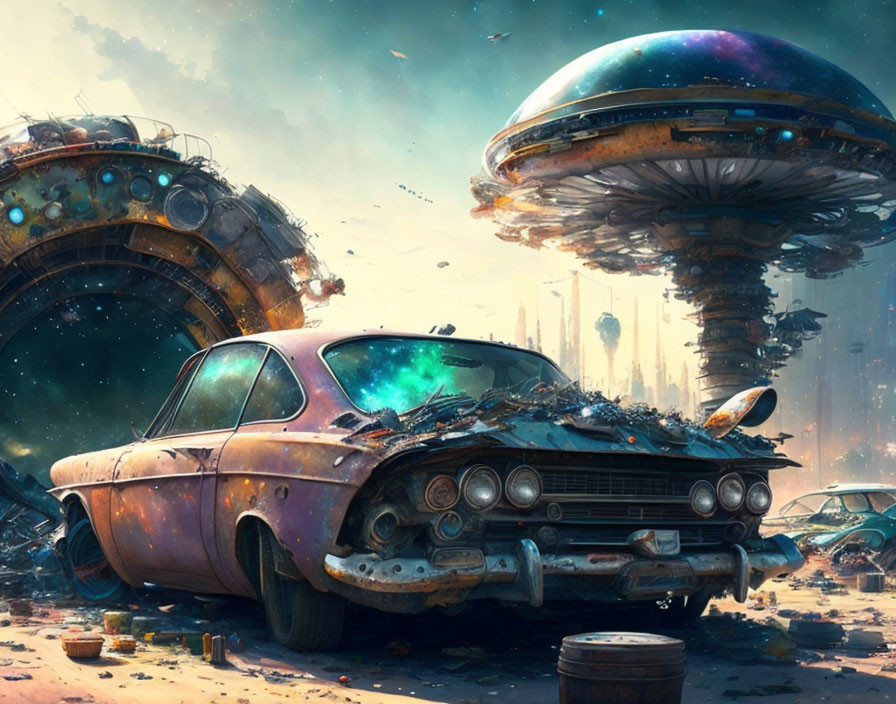 Weathered vintage car in dystopian landscape with futuristic structures and hovering spaceship