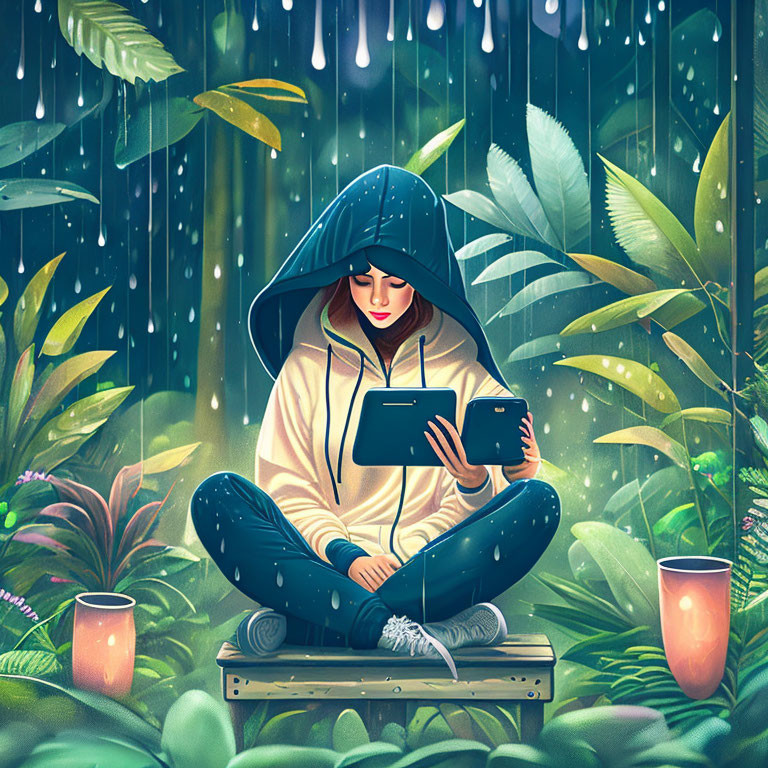 girl in a rainforest with a handheld device