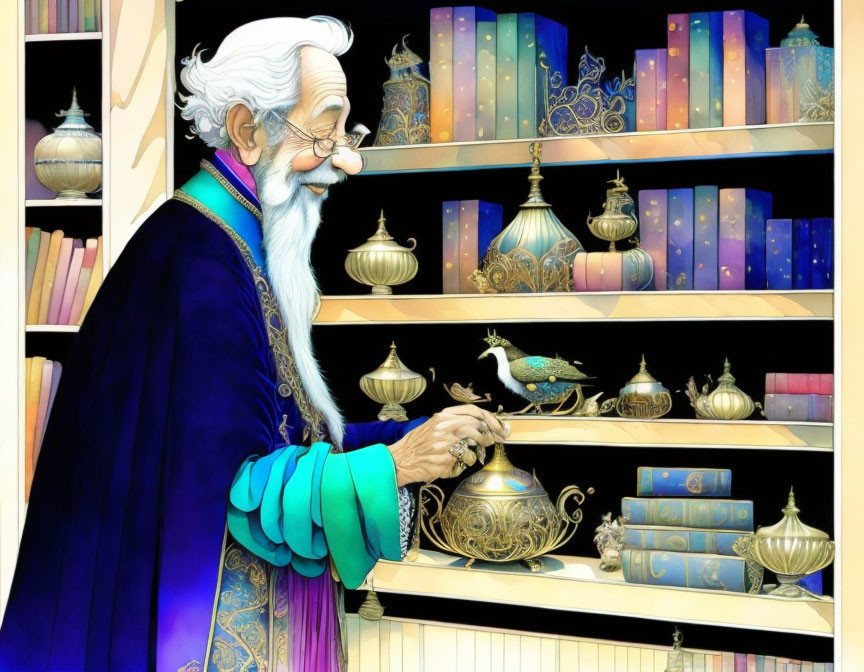 wizard in his magic library