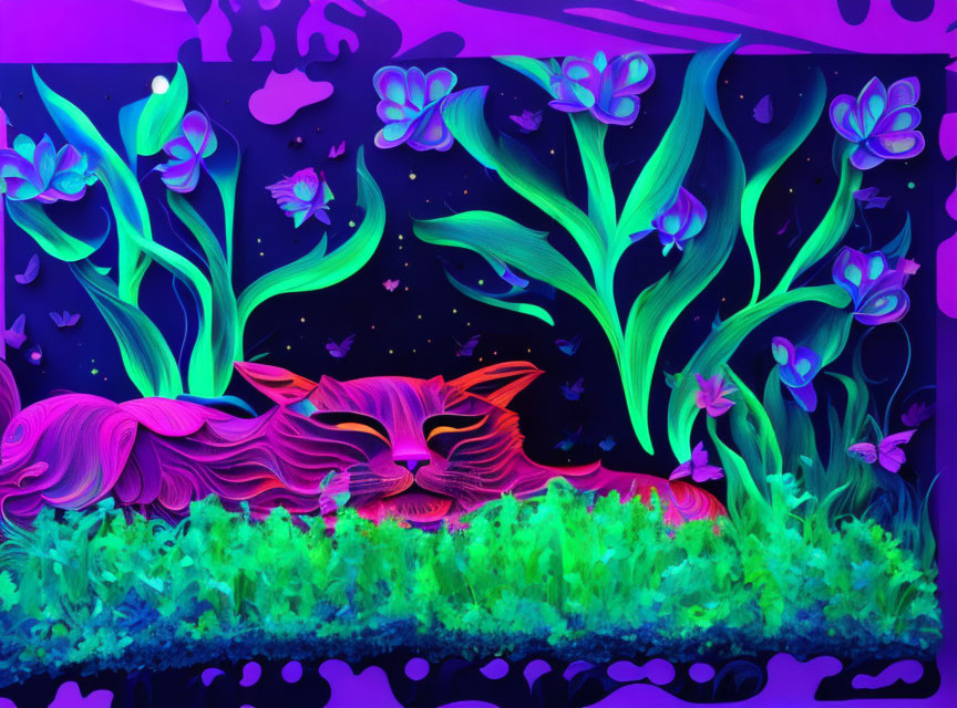 Colorful Neon Pink and Purple Striped Cat Among Green Plants and Butterflies